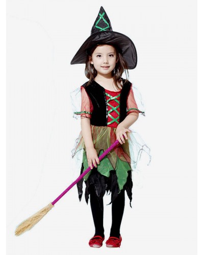 Girls Witch Costume Halloween Little Green Dresses And Hat For Kids Sets