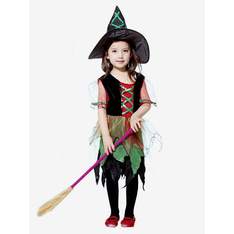 Girls Witch Costume Halloween Little Green Dresses And Hat For Kids Sets