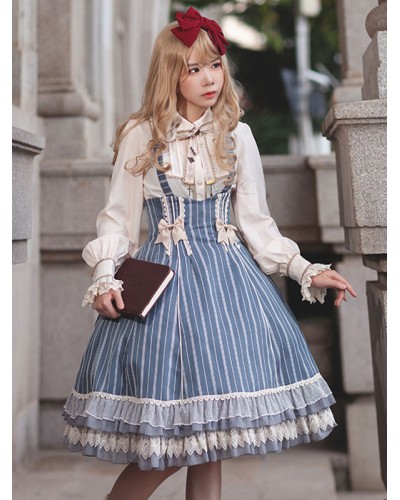 Classical Lolita Dress Cotton Bows Sleeveless Lolita Dresses Stripes Light Sky Blue