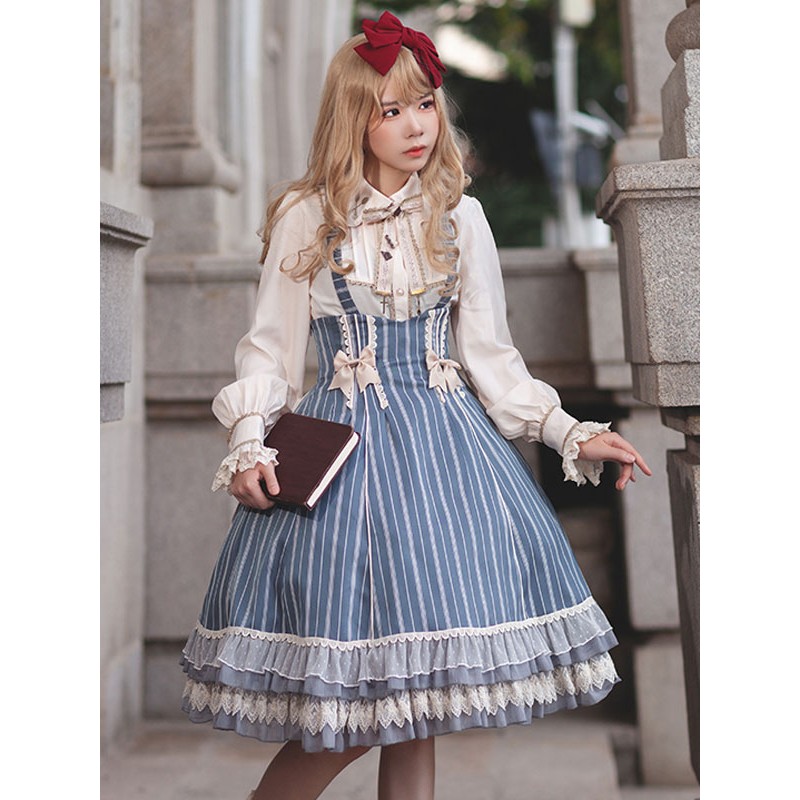 Classical Lolita Dress Cotton Bows Sleeveless Lolita Dresses Stripes Light Sky Blue