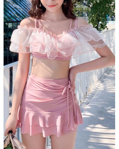 Sweet Lolita Swimming Outfits Pink Lace Up Sleeveless Pants Top 2-Piece Set