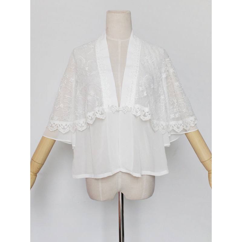 Hanfu Lolita Cover Ups Chiffon Lace Trim Ruffles White Lolita Top Tops Chinese Style Daily Casual