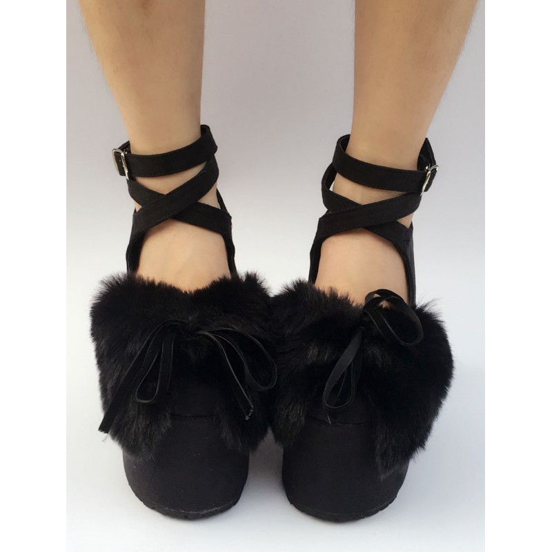 Suede Lolita Shoes Black Platform Chunky Heel Faux Fur Bow Cross Front Ankle Strap Lolita Pumps