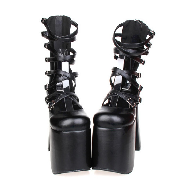 Gothic Black Lolita Sandals High Chunky Heels High Plarform Ankle Straps Buckles