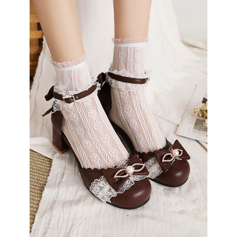 Sweet Lolita Sandals Bows Round Toe Chunky Heel PU Leather Coffee Brown Lolita Summer Ankle Strap Heels