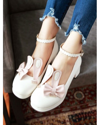 Sweet Lolita Pumps Bunny Ear Bows Leather Chunky Heel Lolita Shoes