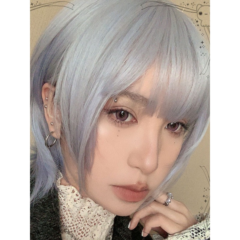 Lolita Wig Blue Gray Short Heat-resistant Fiber Lolita Accessories Harajuku Fashion Daily Casual Tea Party