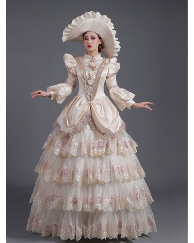 Women Champagne Retro Costumes Lace Polyester Dress 's Marie Antoinette Costume Clothing Tunic Vintage Euro-Style