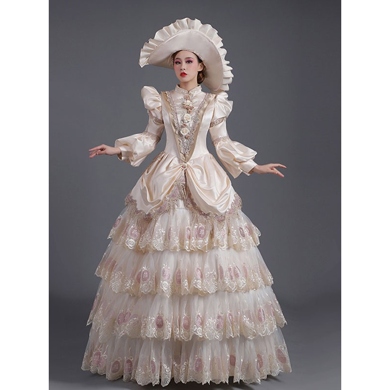 Women Champagne Retro Costumes Lace Polyester Dress 's Marie Antoinette Costume Clothing Tunic Vintage Euro-Style