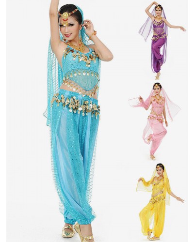 Belly Dance Blue Chiffon Women Sleeveless Dancing Suit Performance