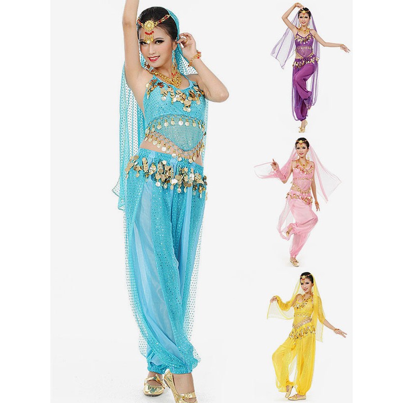 Belly Dance Blue Chiffon Women Sleeveless Dancing Suit Performance