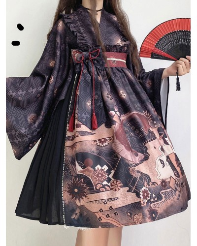 Lolita OP Dress Bows Long Sleeve Lolita One Piece Dresses Kimono Daily Casual