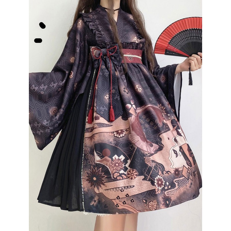 Lolita OP Dress Bows Long Sleeve Lolita One Piece Dresses Kimono Daily Casual