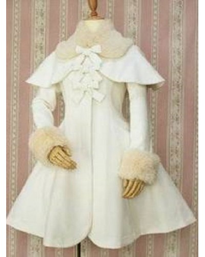 Gothic Lolita Overcoat Bows A Line White Lolita Coat With Detachable Fur And Cape Sets Tea Party