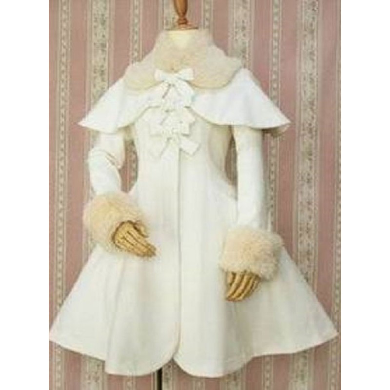 Gothic Lolita Overcoat Bows A Line White Lolita Coat With Detachable Fur And Cape Sets Tea Party