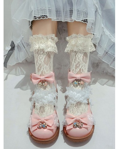 Sweet Lolita Footwear Bows Round Toe PU Leather Daily Casual Lolita Ankle Strap Heels