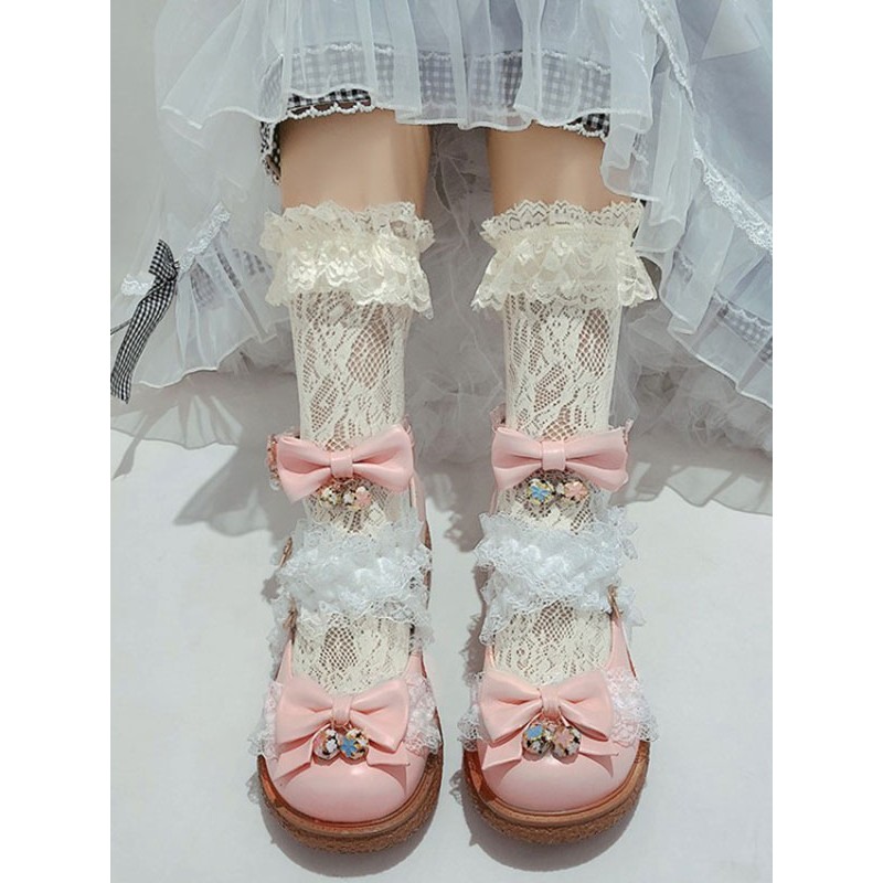 Sweet Lolita Footwear Bows Round Toe PU Leather Daily Casual Lolita Ankle Strap Heels