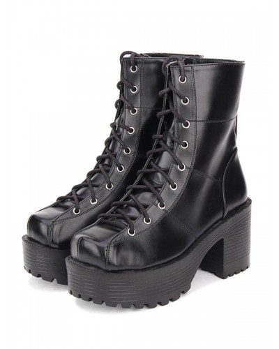 Gothic Lolita Boots Lace Up Grommet Platform Chunky High Heel Black Shoes Punk