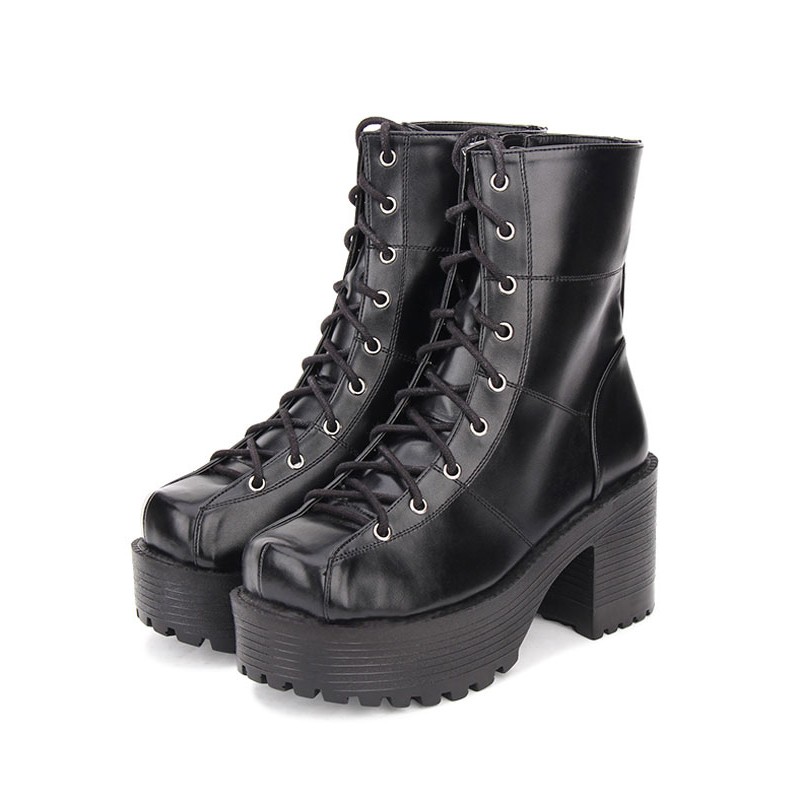 Gothic Lolita Boots Lace Up Grommet Platform Chunky High Heel Black Shoes Punk