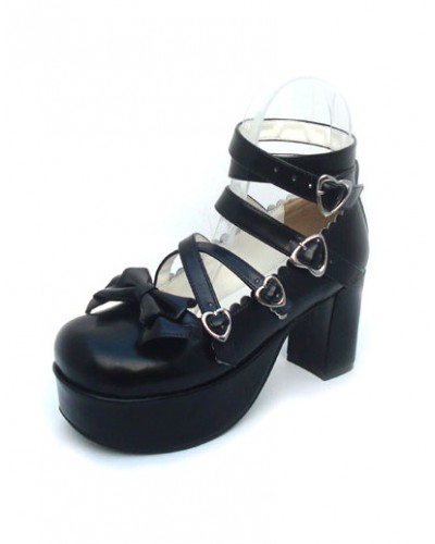 Matte Black Lolita Chunky Heels Shoes Ankle Straps Heart Shape Buckles