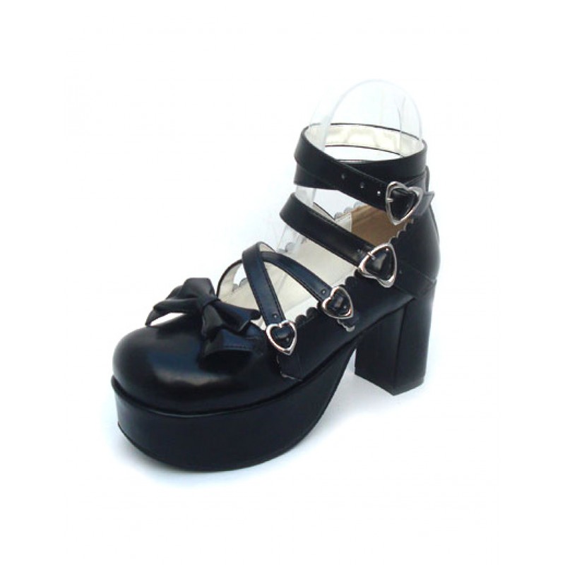 Matte Black Lolita Chunky Heels Shoes Ankle Straps Heart Shape Buckles