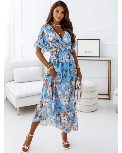 Women Long Dress Floral Print Pleated Layered Casual V-Neck Short Sleeves Dress Maxi Summer