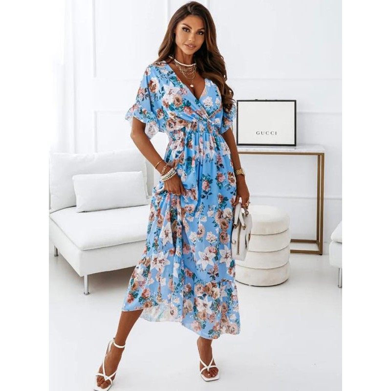 Women Long Dress Floral Print Pleated Layered Casual V-Neck Short Sleeves Dress Maxi Summer