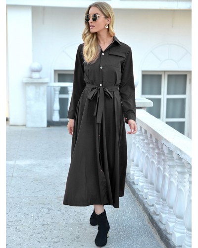 Women Dresses Turndown Collar Long Sleeves Maxi Dresses Shirt Spring Fall