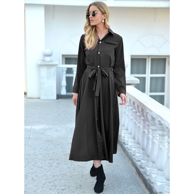 Women Dresses Turndown Collar Long Sleeves Maxi Dresses Shirt Spring Fall