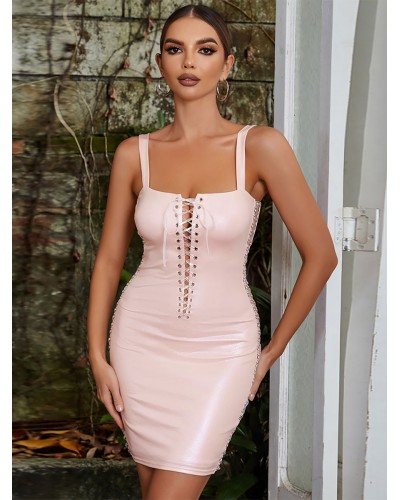 Women Dresses Light Pink Sleeveless Lace Up Sexy Straps Neck Body-conscious Sheath Dress Bodycon Night Out Party Dating