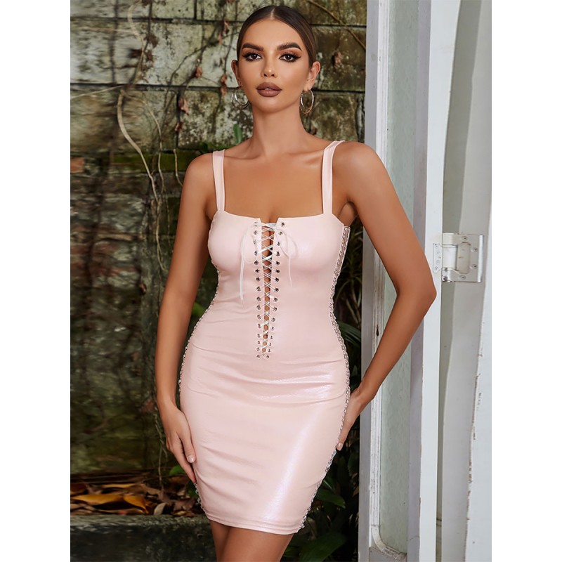 Women Dresses Light Pink Sleeveless Lace Up Sexy Straps Neck Body-conscious Sheath Dress Bodycon Night Out Party Dating