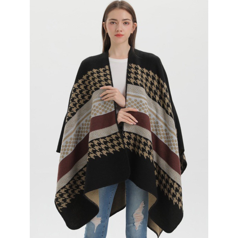 Women Cape Plaid Color Block Poncho Poncho  Cape Fall Winter Street Wear Daily Casual