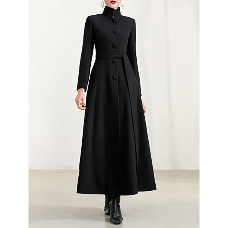 Women Woman's Outerwear Black Sash Winter Warm Wool Coat 2023 Classic  Traditional Casual Street Wear Field Office  Career