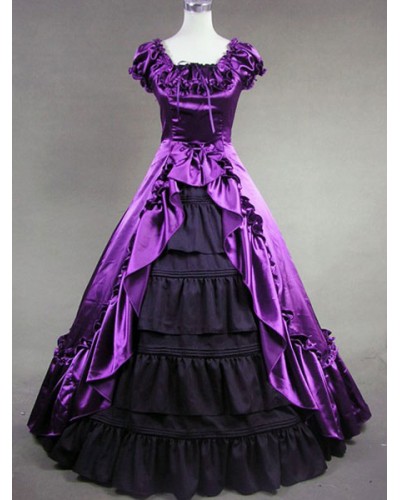 Victorian Dress Costume Women's Purple Satin Ruffle Short Sleeves Ball Gown Retro Clothing Halloween Victorian Era Holiday