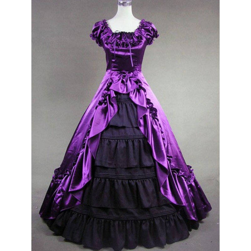 Victorian Dress Costume Women's Purple Satin Ruffle Short Sleeves Ball Gown Retro Clothing Halloween Victorian Era Holiday