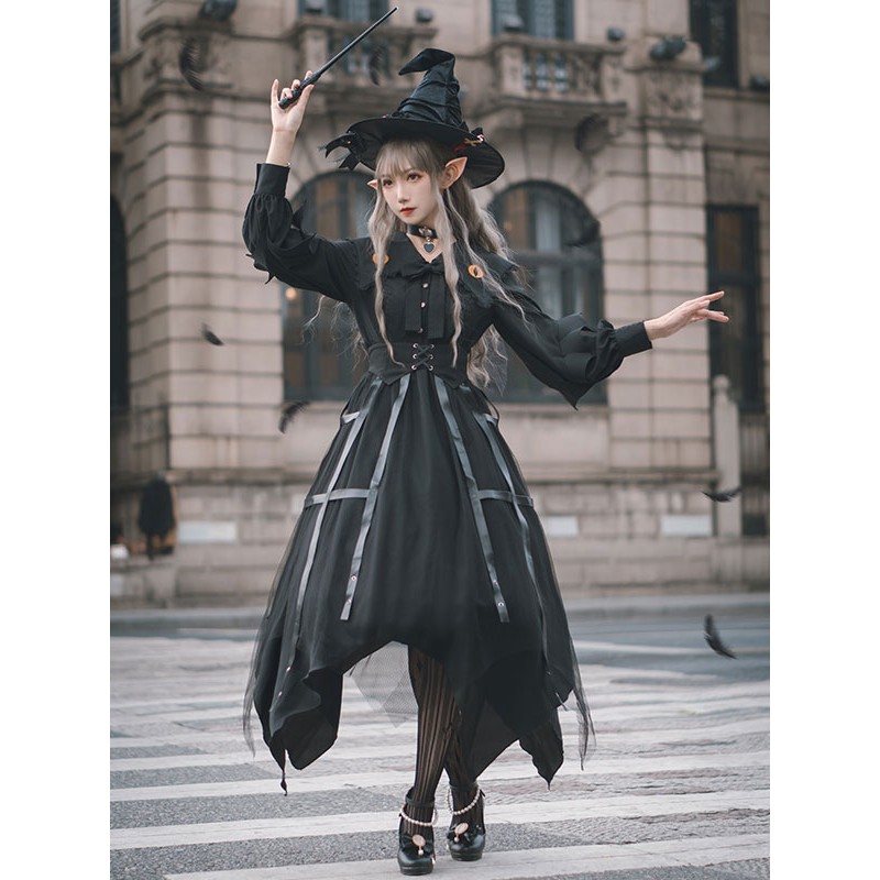 Gothic Lolita OP Dress 4-Piece Set Long Sleeve Polyester Cummerbund Choker Dress Bowknot Black Lolita Dress Outfit