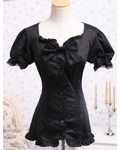 Cotton Black Lolita Blouse Short Sleeves Bow Ruffles Sweet