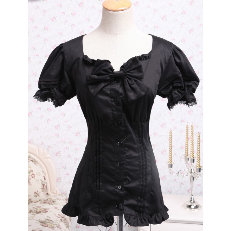 Cotton Black Lolita Blouse Short Sleeves Bow Ruffles Sweet