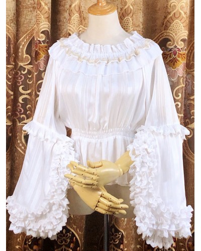 Lolita Blouses Lolita Top Lace Ruffles Long Sleeves Blouse Lace White Lolita Shirt Sweet Spring Summer Fall