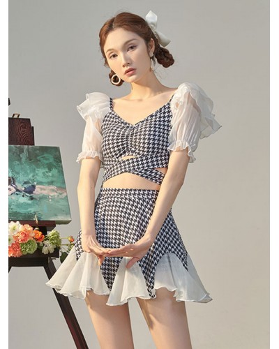 Lolita Outfits White Ruffles Plaid Short Sleeves Pants Top Sets Sweet Daily Casual