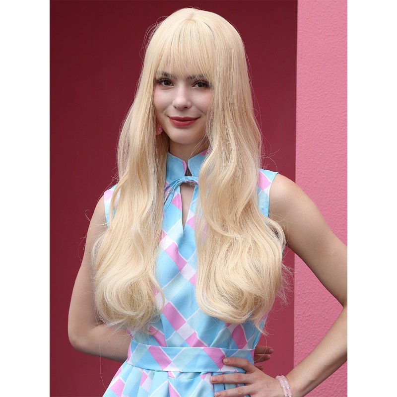 Barbie Long Wig Beige Curly Rayon Western Style Layered Synthetic Wigs For Women Western Style Clothes Chic  Modern