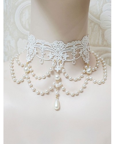 Lolita Necklace White Pearls Poly Cotton Blend Lolita Wedding Dress