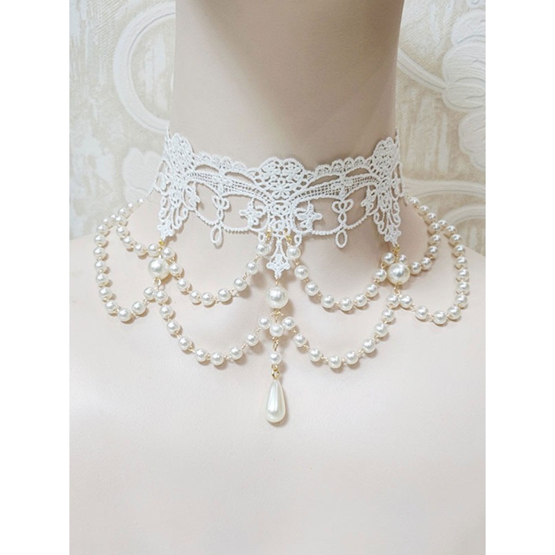 Lolita Necklace White Pearls Poly Cotton Blend Lolita Wedding Dress