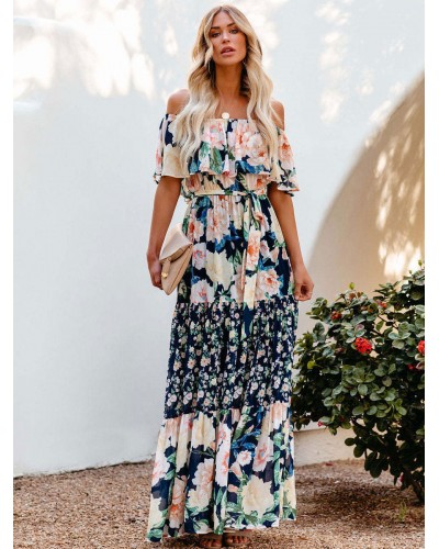 Women Bateau Neck Maxi Dress Short Sleeves Printed Long Dress Bohemian Summer