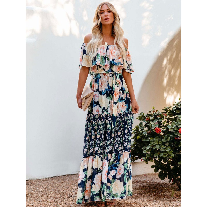 Women Bateau Neck Maxi Dress Short Sleeves Printed Long Dress Bohemian Summer