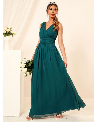 Dresses Green V-Neck Pleated Sleeveless Layered Semi Formal Dress Maxi Party