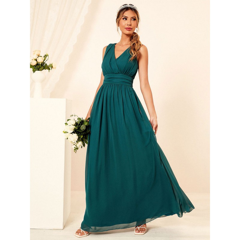 Dresses Green V-Neck Pleated Sleeveless Layered Semi Formal Dress Maxi Party