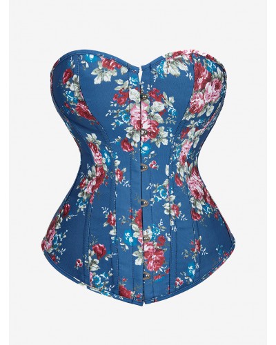 Denim Corset Vintage Floral Print Lace Up Waist Trainer 2023 Overbust Corset Sexy