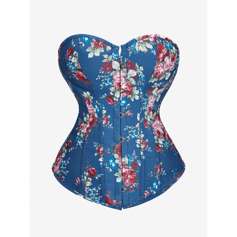 Denim Corset Vintage Floral Print Lace Up Waist Trainer 2023 Overbust Corset Sexy