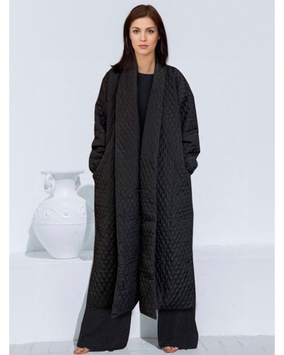 Women S Black Turndown Collar Long Sleeves Oversized Outerwear Quilted Coat Fall Winter Field Street Wear Daily Casual